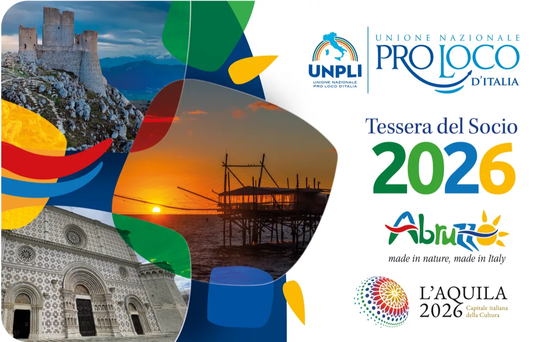 La Tessera del Socio Pro Loco 2026, con la grafica dedicata all'Abruzzo e a L'Aquila Capitale italiana della Cultura